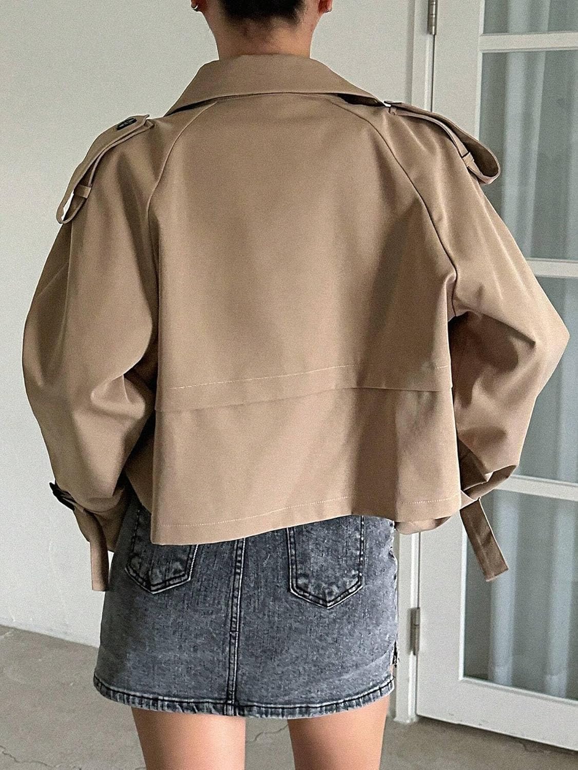 Women's Trench Coat Double Breasted Raglan Sleeve Casual Short Trench Coat Long Sleeve Classic Overcoat