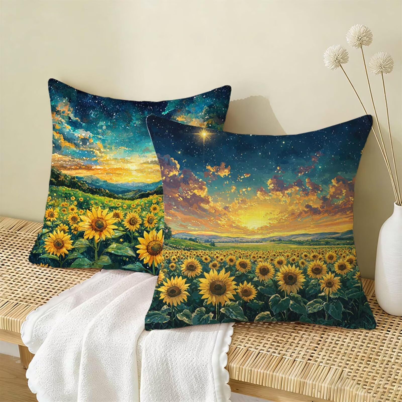 Copricuscino 70x70cm Pianta Set di 2,Girasole Federe Cuscini Divano Lino,Copricuscini Impermeabili,Federe Cuscino Morbido Traspiranti Adatto a Tutte le Stagioni per Soggiorno Camera Letto Decor X-531