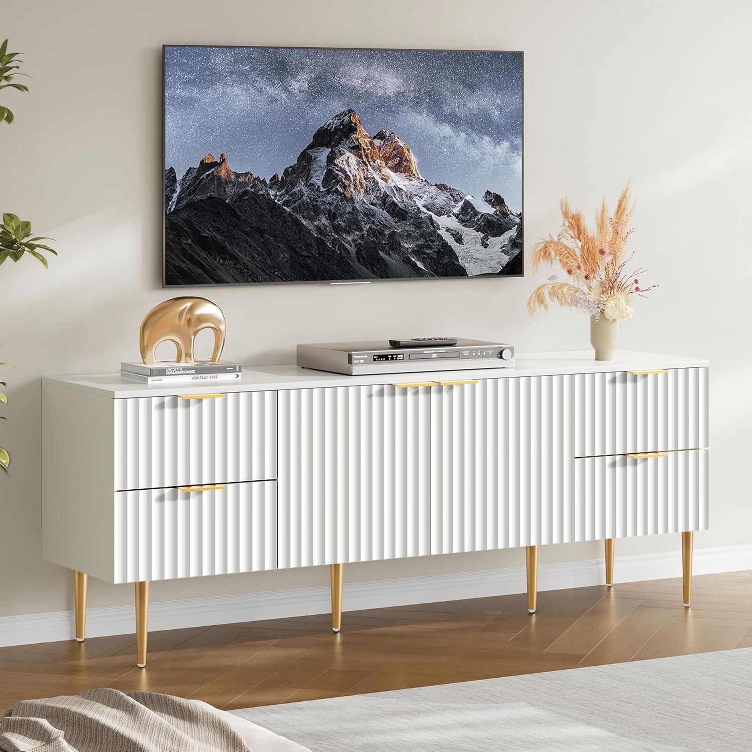 SICOTAS 62 Inch TV Stand for 55/60/65/70 Inch TV - TV Stands for Living Room Entertainment Center with 4 Drawers, Fluted Modern TV Media Console Television Cabinet for Bedroom (White,1 Piece)