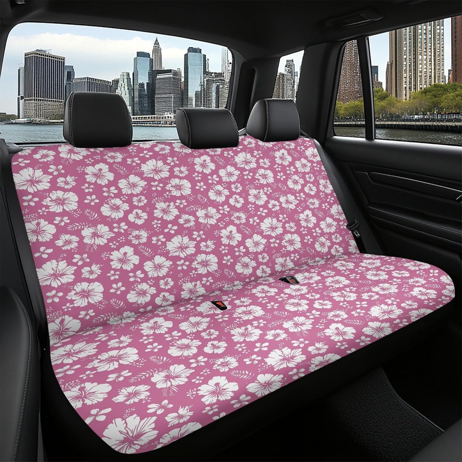Pink Hibiscus Floral Auto Waterproof Back Seat Covers Protectors for Car Sedan Truck SUV, Women Rear Bench Covers Back Seat Only Auto Interior Accessory