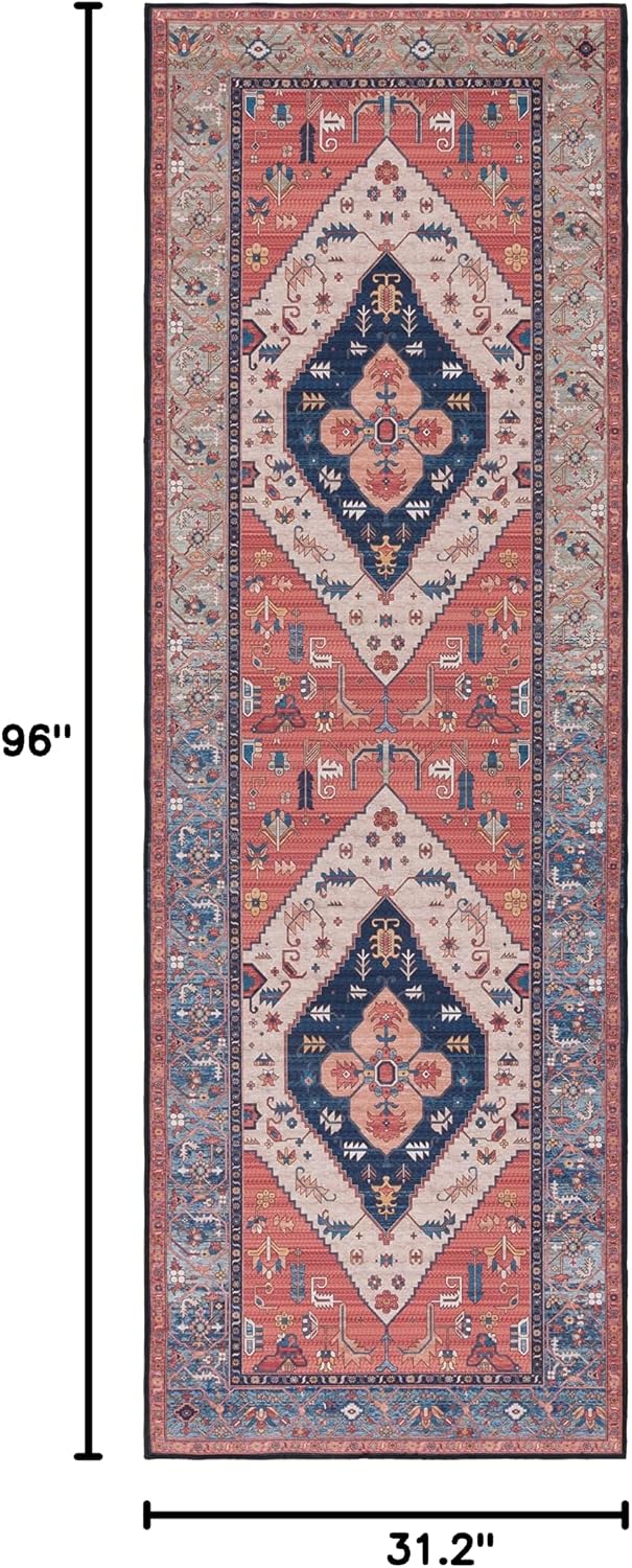 SAFAVIEH Washable Rug Tucson Collection - 2'6' x 8' Runner, Rust & Blue, Slip Resistant & Easy to Clean, Ideal for Hallway, Foyer, Entryway, Bedroom (TSN153P)