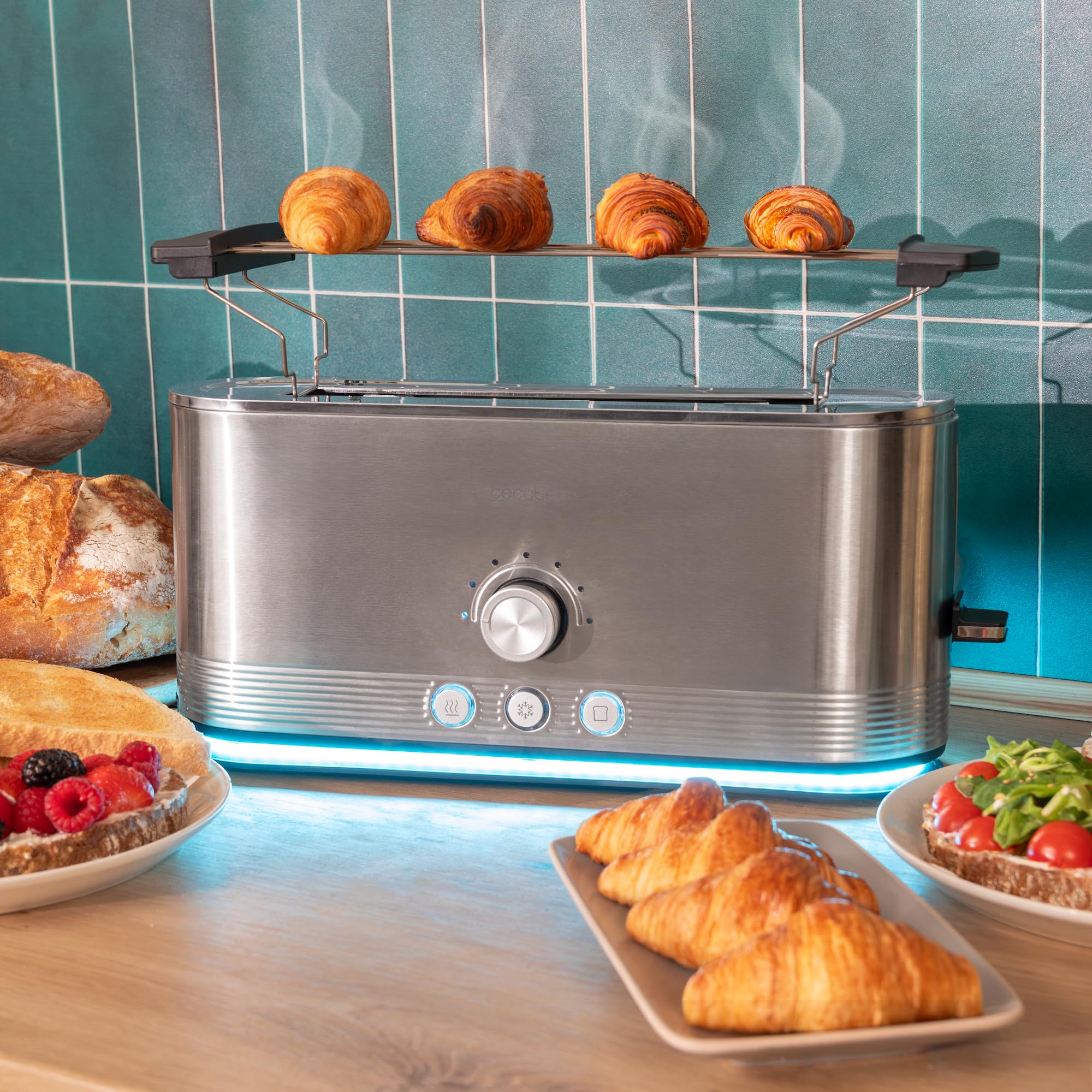 Cecotec Tostadora Vertical de Acero con Ranura Larga Shine&Toast Extra. 1050W, Capacidad para 2 Tostadas, Ranura Ancha de 3,8cm, Anillo Luminoso, 7 Niveles de Tostado, Varillas Superiores