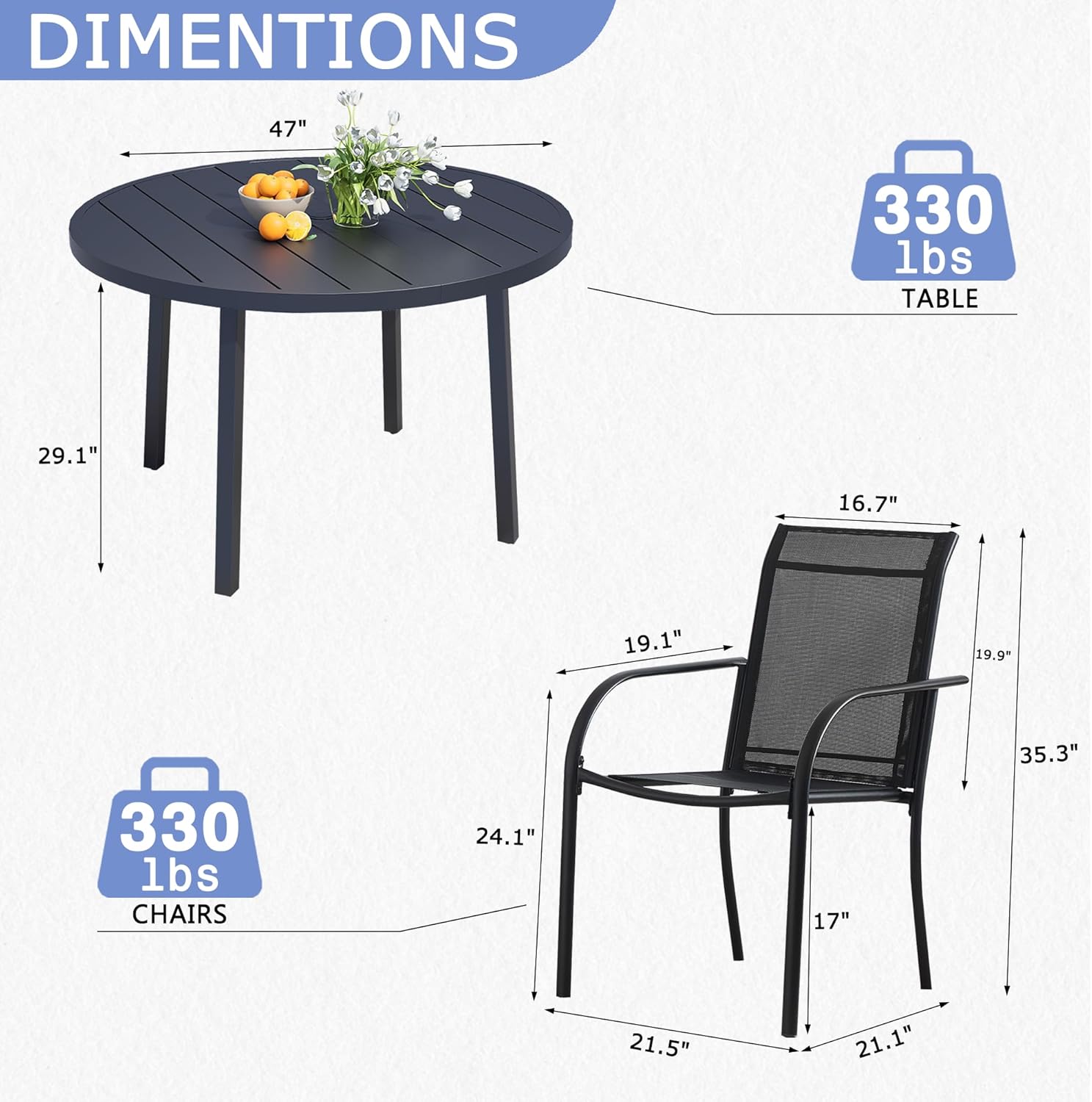 7 Piece Patio Dining Set for 6, 47” Black Round Table with Umbrella Hole and 6 Black Patio Stackable Chairs, Patio Table and Chairs for Backyard, Lawn, Deck & Garden