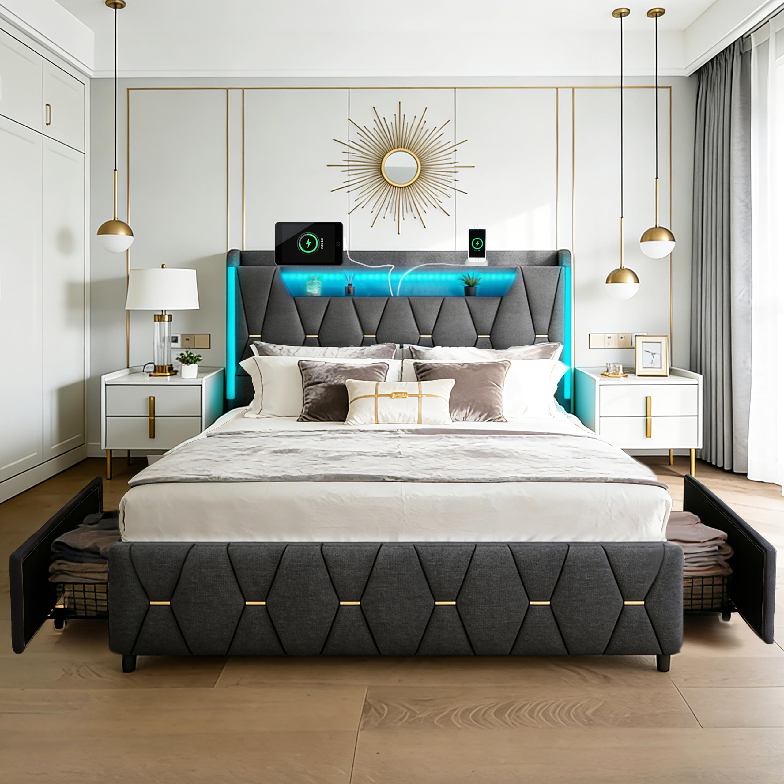 Cama de Lino Gris de 140x200 cm con Cabecero con Almacenamiento