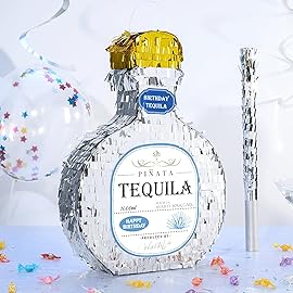 WERNNSAI Tequila Bottle Pinata - Disco Party Decorations for Adults Silver Patron Tequila Pinata with Blindfold for Bachelor Birthday Party Supplies 11.7 x 16.5