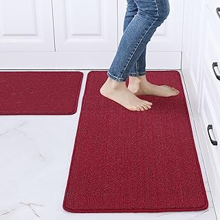 COSY HOMEER Kitchen Rugs 2 Pieces, 51x76cm+51x122cm, Stain-Resistant Kitchen Mats Non-Slip, Machine Washable Kitchen Runners Floor Mat Rugs for Kitchen, Red