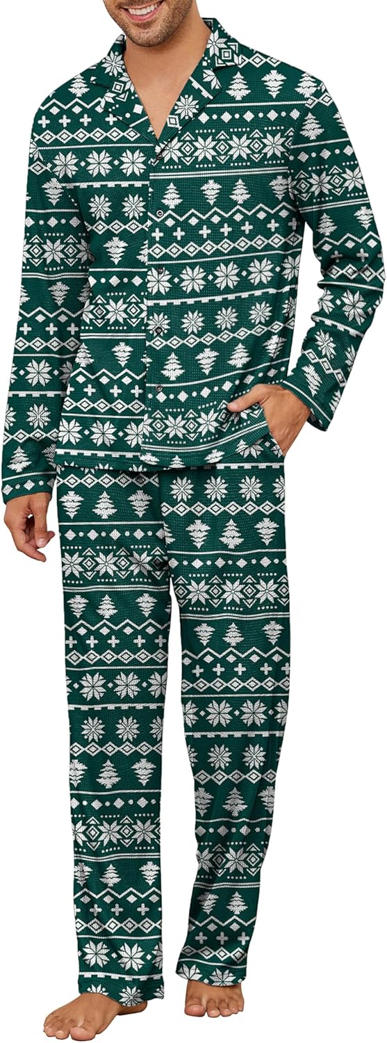 Andeip Men's Pajama Set Waffle Knit Lounge Pjs Set Long Sleeve Top and Pants Sleepwear 2 Piece Button Down Loungewear