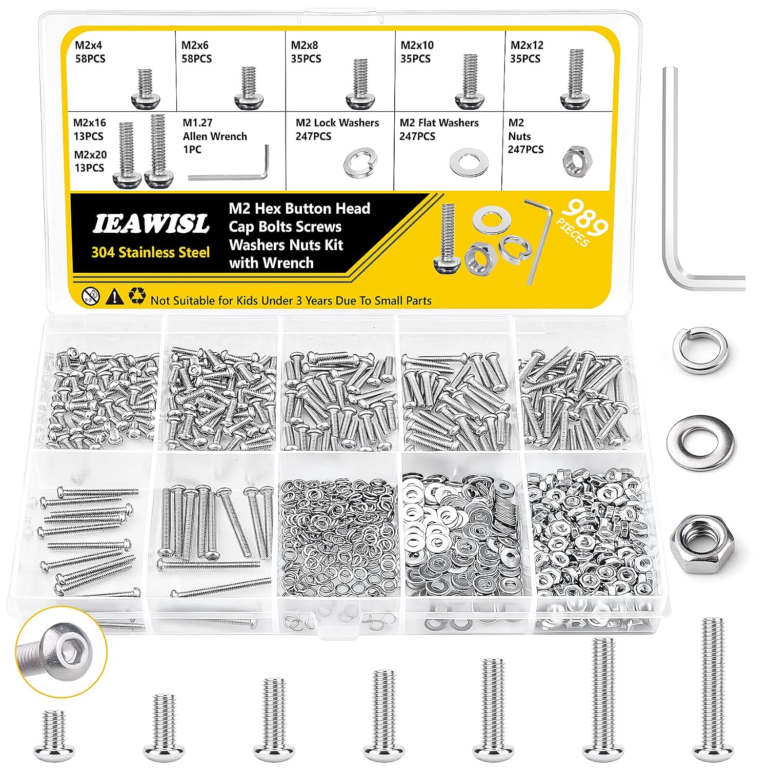 989 Piece M2 Screws Set Raised Head Allen Screws with Nuts and Washers 304 Stainless Steel Hex Screws Assortment Set for Mechanical Engineering and Repair