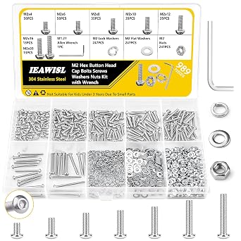 989PCS M2 Button Head Hex Socket Screws and Nuts Assortment Kit, 304 Stainless Steel Bolts with Flat & Spring Washers and Wrench, Metric Fasteners for Drone, RC Car, 3D Printer DIY