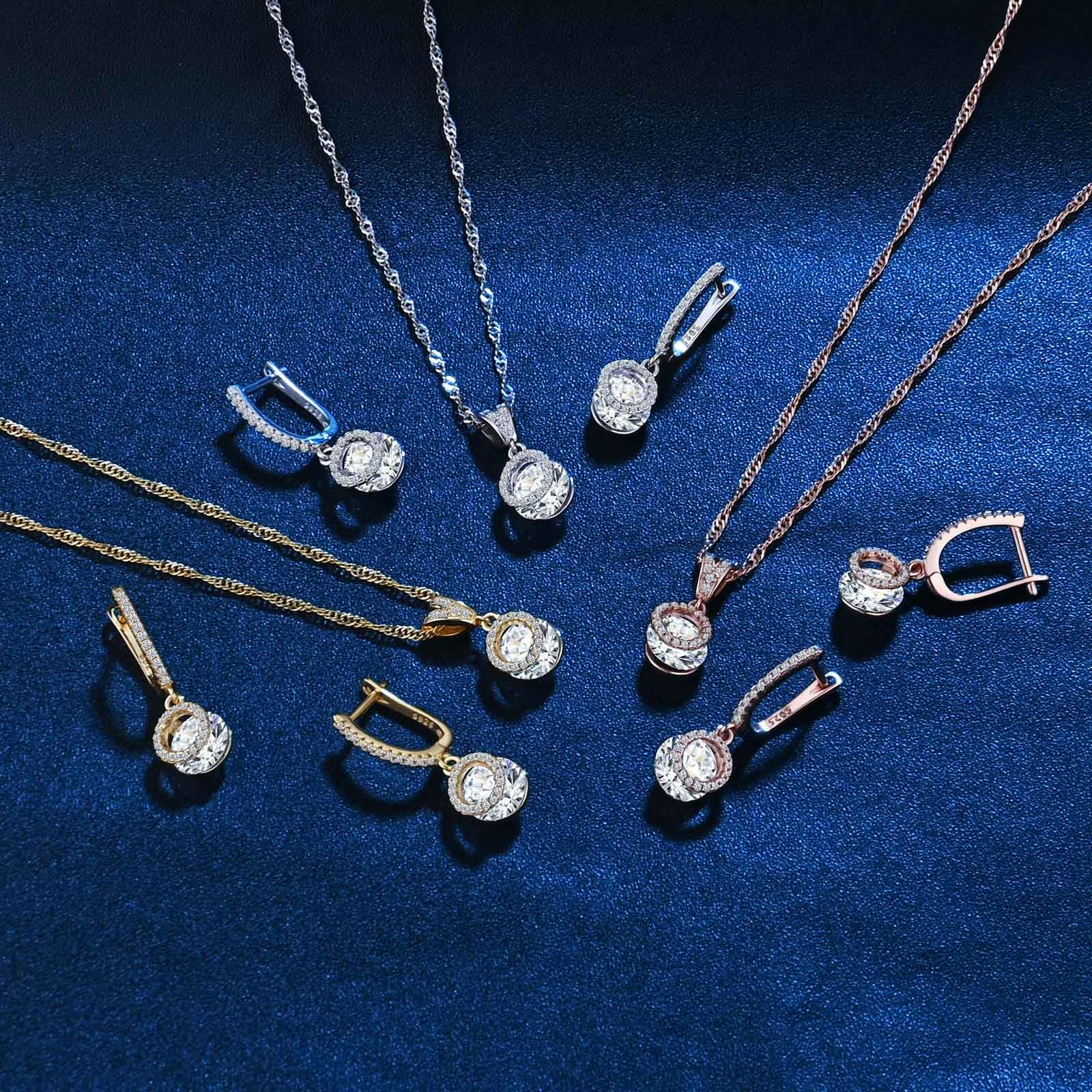 Set di Collana e Orecchini Zircone, Parure Gioielli in Argento 925 per Donna, Orecchini Pendenti Rotondi a Cerchio con Zirconi Collana con Ciondolo, Gioielli per Mamma Fidanzata