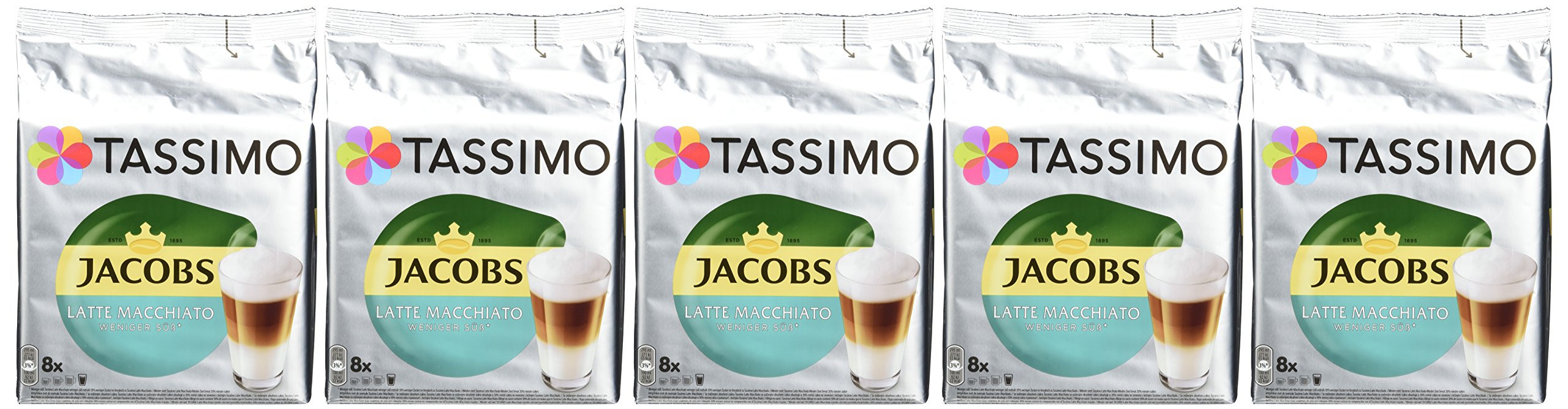 Tassimo Jacobs Latte Macchiato weniger süß, 5er Pack Kaffeespezialität T Discs (5 x 8 Getränke)