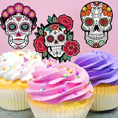 Miniatura 7 de 144 palillos de dientes del Día de los Muertos para cupcakes – Calavera de azúcar para Halloween, cóctel, aperitivo, decoración de pasteles,