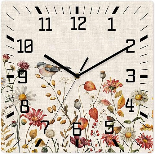 Fall Wild Flowers Wooden Wall Clock Silent Non Ticking, Country Retro Birds Farmhouse Floral Square Wall Clock Battery Operated, Decor Clock for