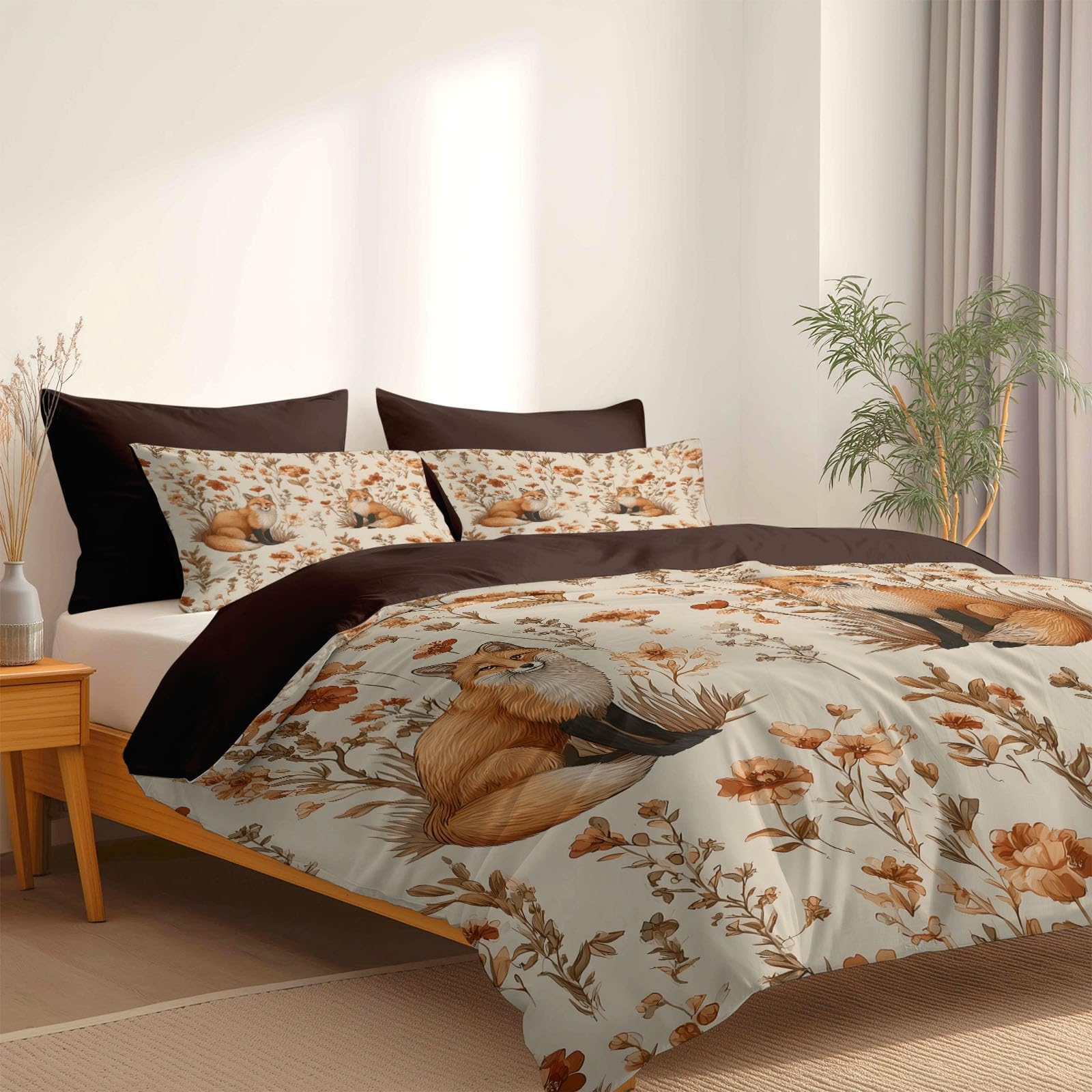 Generisch Retro Landhaus 3-teiliges Bettwäsche-Set, 1 Bettbezug 180 x 200 cm und 2 Kissenbezüge 80 x 80 cm, Taupe, Herbstblumen Fuchs, Pflegeleicht, Erwachsene, Schlafzimmer