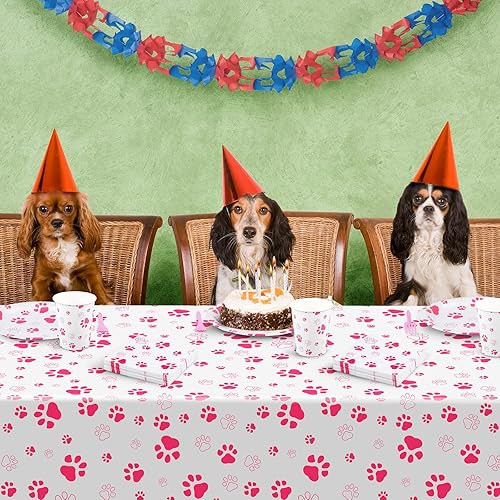 Miniatura 7 de durony 121 piezas de suministros de fiesta con estampado de pata rosa para perro, mantel de cumpleaños para perros, platos, servilletas, tenedores y