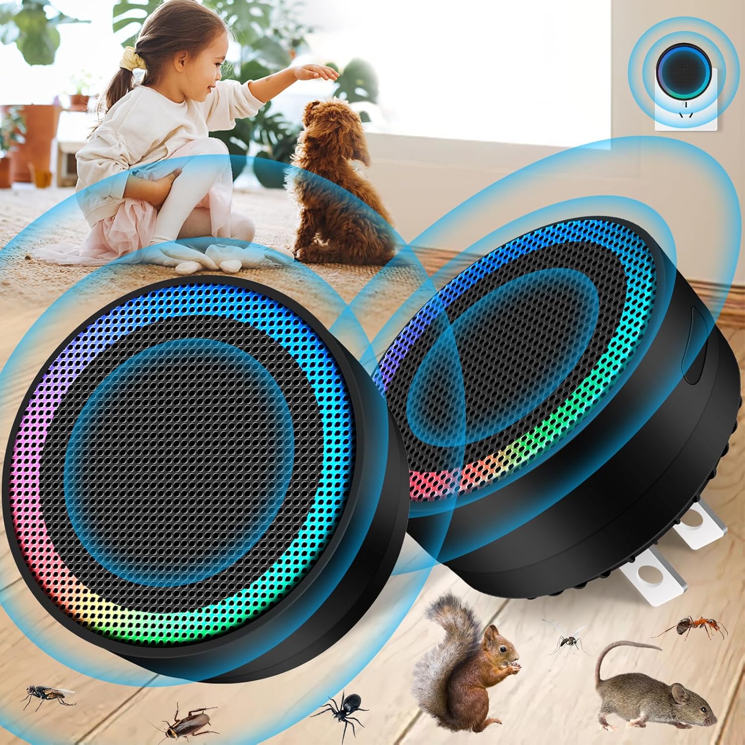 Ultrasonic Pest Control Repellent, Insect Indoor Repellent Plug in, Mini Pest Control Device for House, Ultrasonic Repellent for Mouse, Rodent, Roach, Mice, Mosquito, Spider, Black-2 Pack