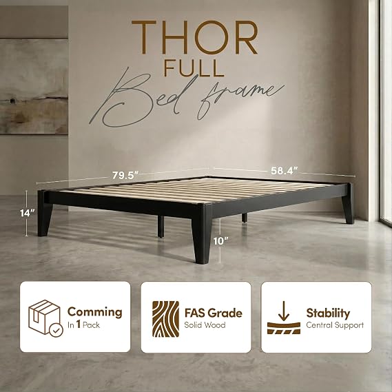 Full Bed Frame - Solid Wood Platform Bed - Japanese Joinery Bed Frame - Wood Slat Support - No Box Spring Needed - Easy Assembly - Minimalist & Modern Style (Midnight Charcoal, Full)