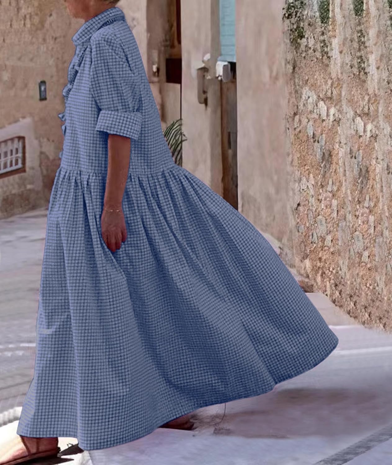 SOMTHRON Women's Retro Plaid Button Down Maxi Shirt Dress Roll Up Long Sleeve Gingham Pleated Swing Long Dress - Image 5