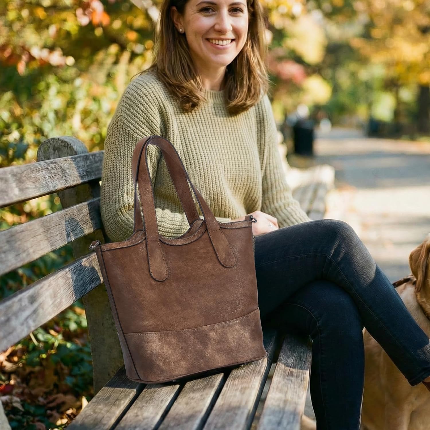 Tote Bag for Women,Vegan Leather Bucket Purses for Women Top Handle Handbags Crossbody Bag with 2 Water Bottle Pocket