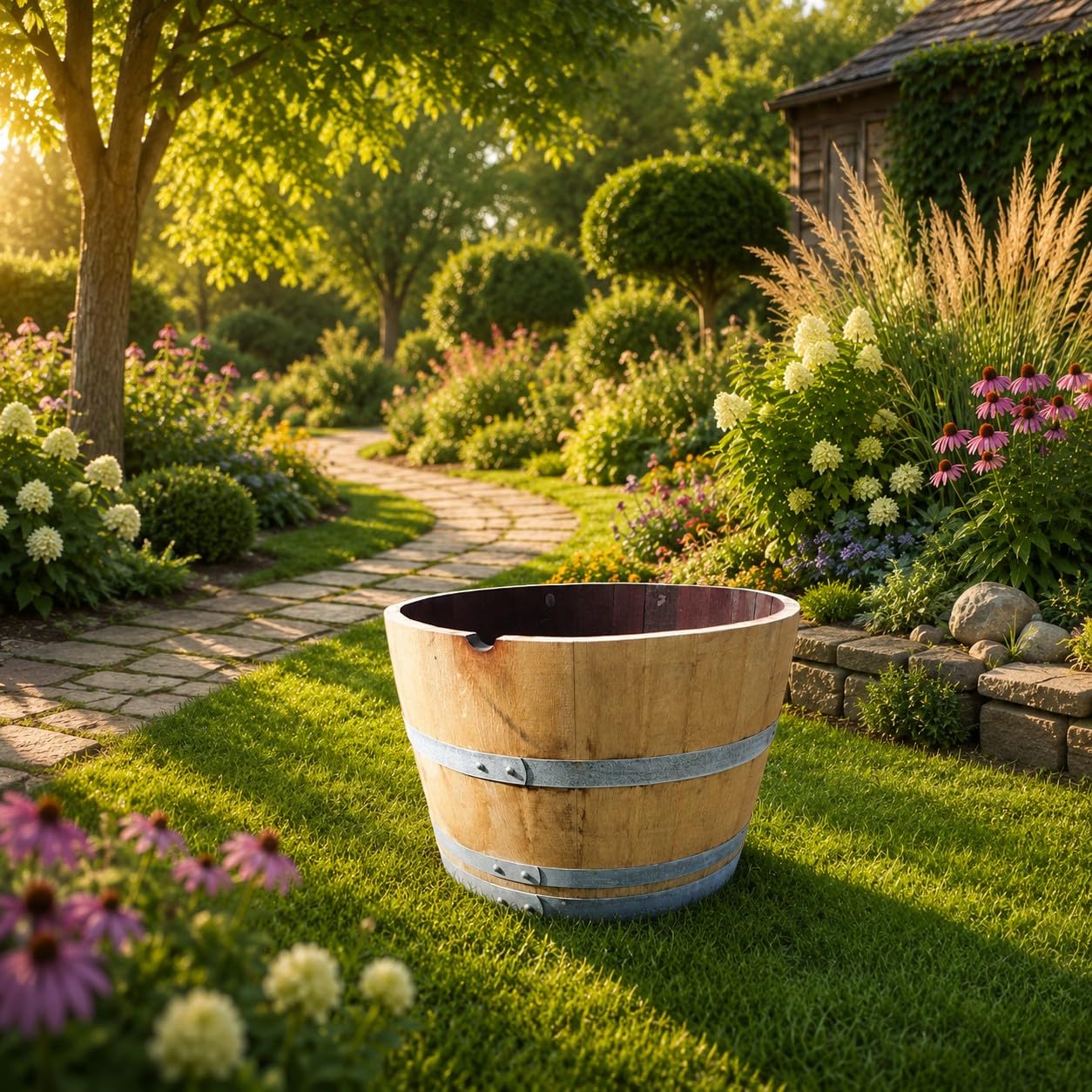 Demi tonneau en bois de chêne, barrique, tonneau en bois, bac à fleurs, table de jardin, très décoratif, résistant au gel.