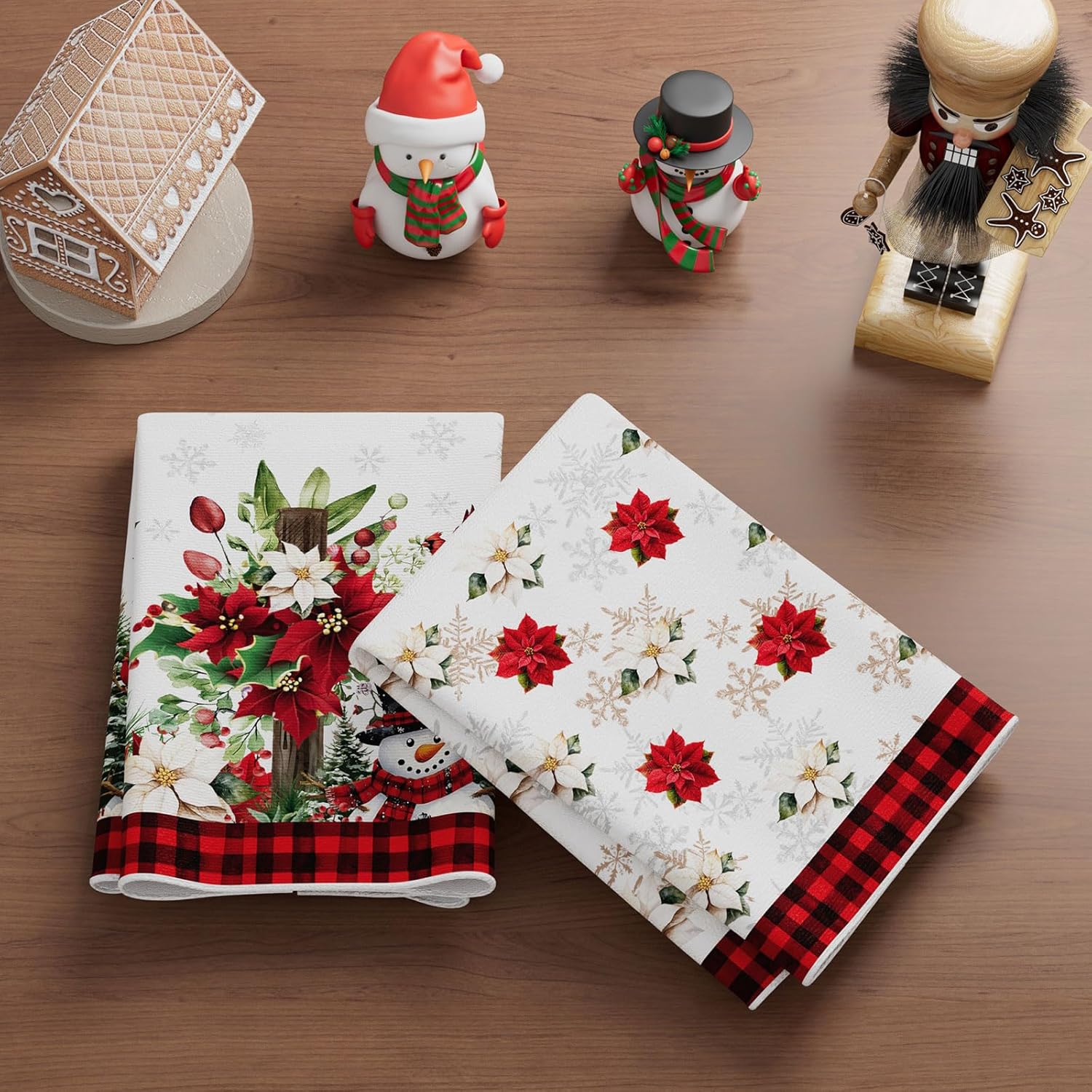 XCHI Red Plaid Winter Poinsettia Cross Snowman Christmas Kitchen Towels Dish Towels 18x26 Inch Xmas Home Kitchen Decorations Hand Towels Set of 2 Drying Dishcloth - Image 3