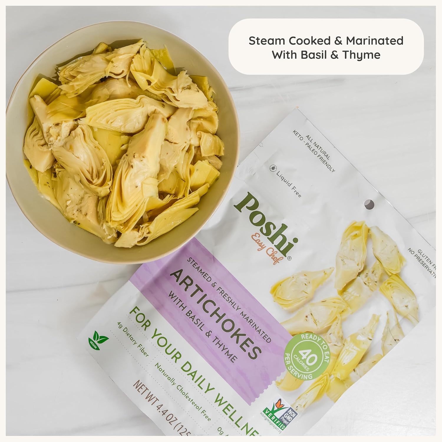 POSHI Marinated Artichoke Hearts with Basil + Thyme Natural, Keto, Vegan, Non GMO, Low Carb + Calorie, Gluten Free Ready to Eat Fully Cooked Vegetables, Pentry Food, Gourmet, Healthy 6 Pack, 4.4 oz