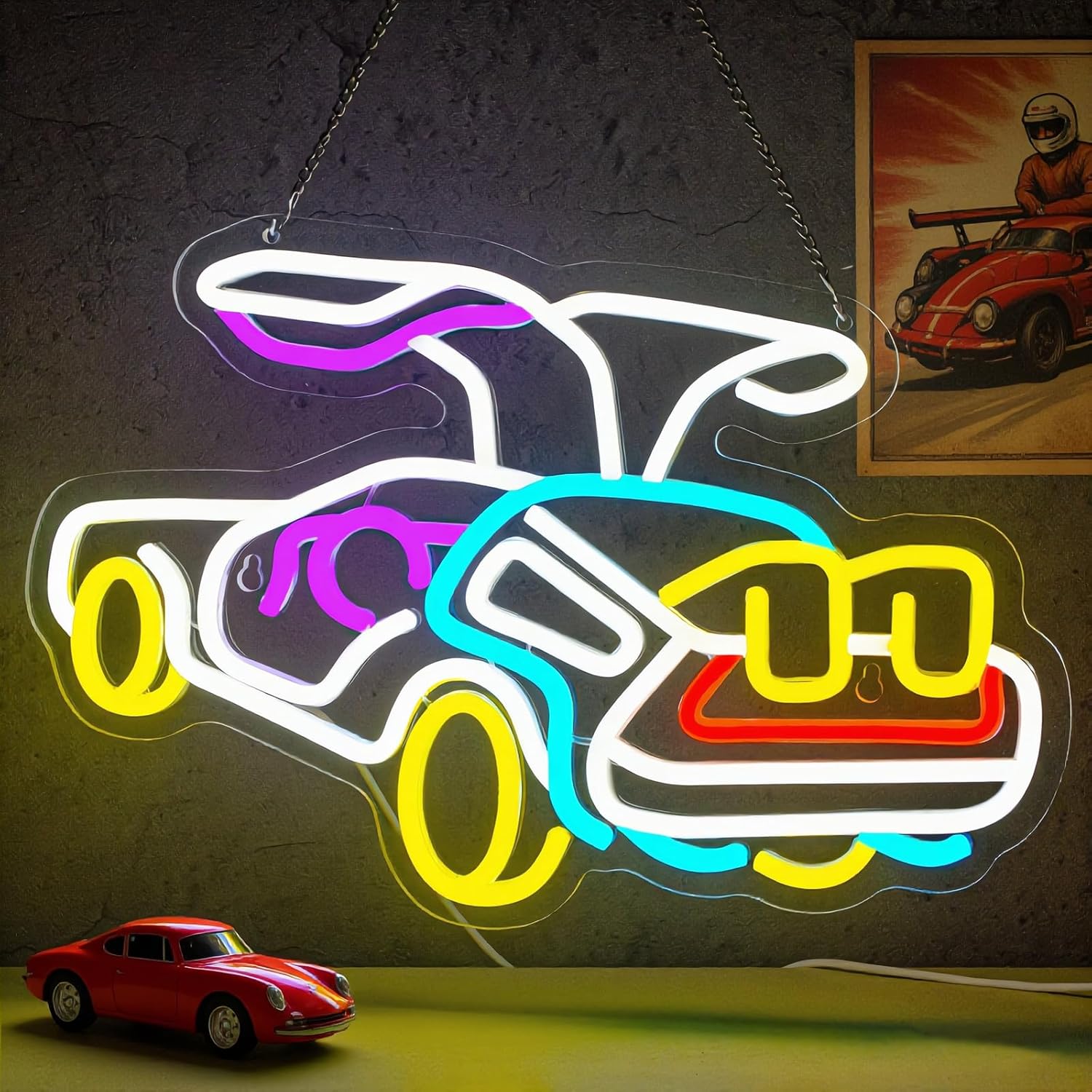 Race Car Neon Sign Flying Wing Car USB Dimmable Neon Light Sign for Boys Girls Room Gameroom Holiday Birthday Gift