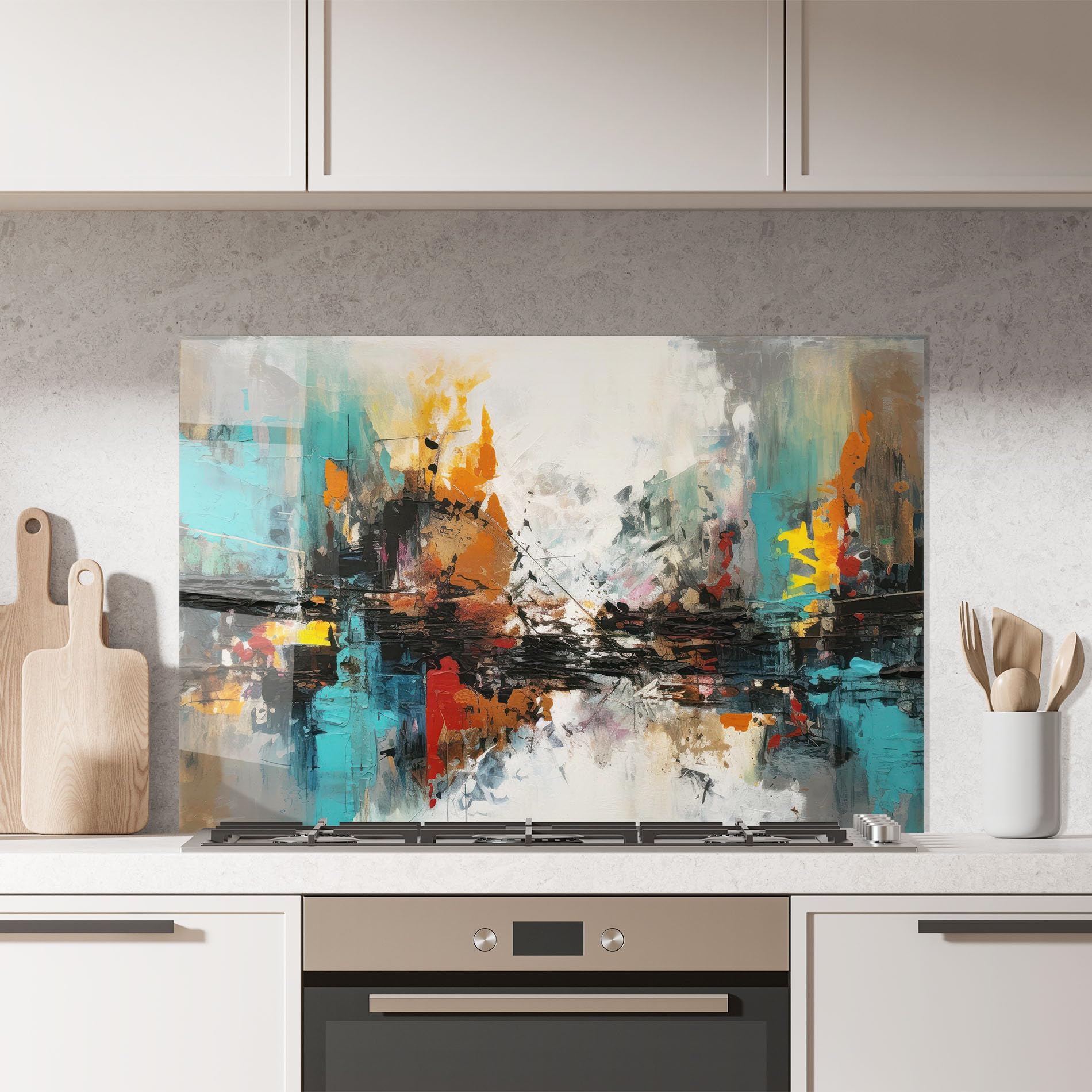 ARTHUB® Paraschizzi Cucina in Vetro temperato 50x70 cm, Abstract City Painting | Protezione Contro Gli Schizzi, Protezione murale per fornelli, Vetro temperato, Astratto, Arte Astratta