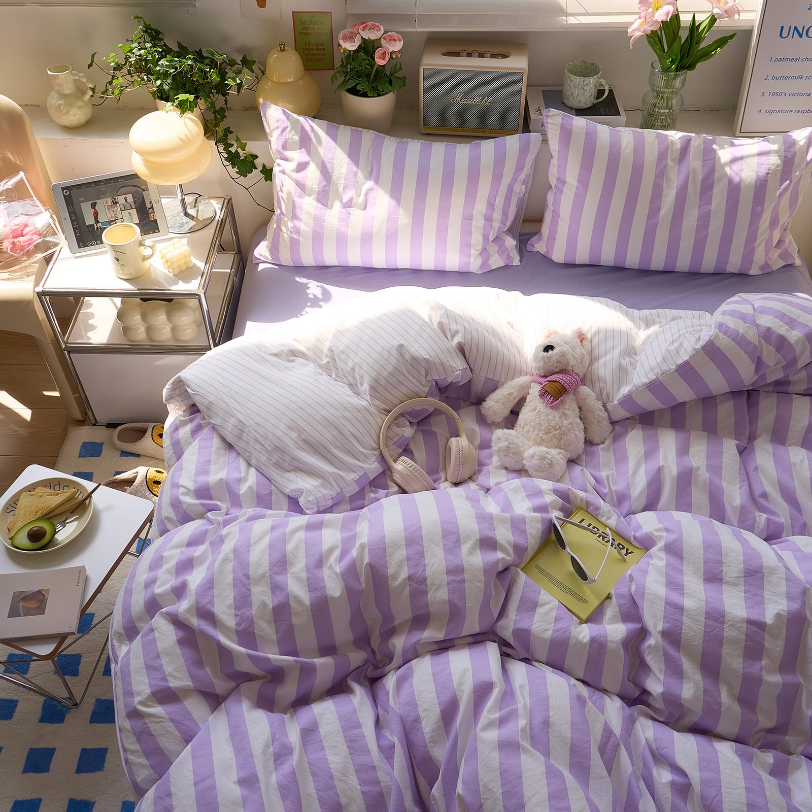 EAVD Retro Purple Striped Duvet Cover Full Soft Washed Microfiber 3-Piece