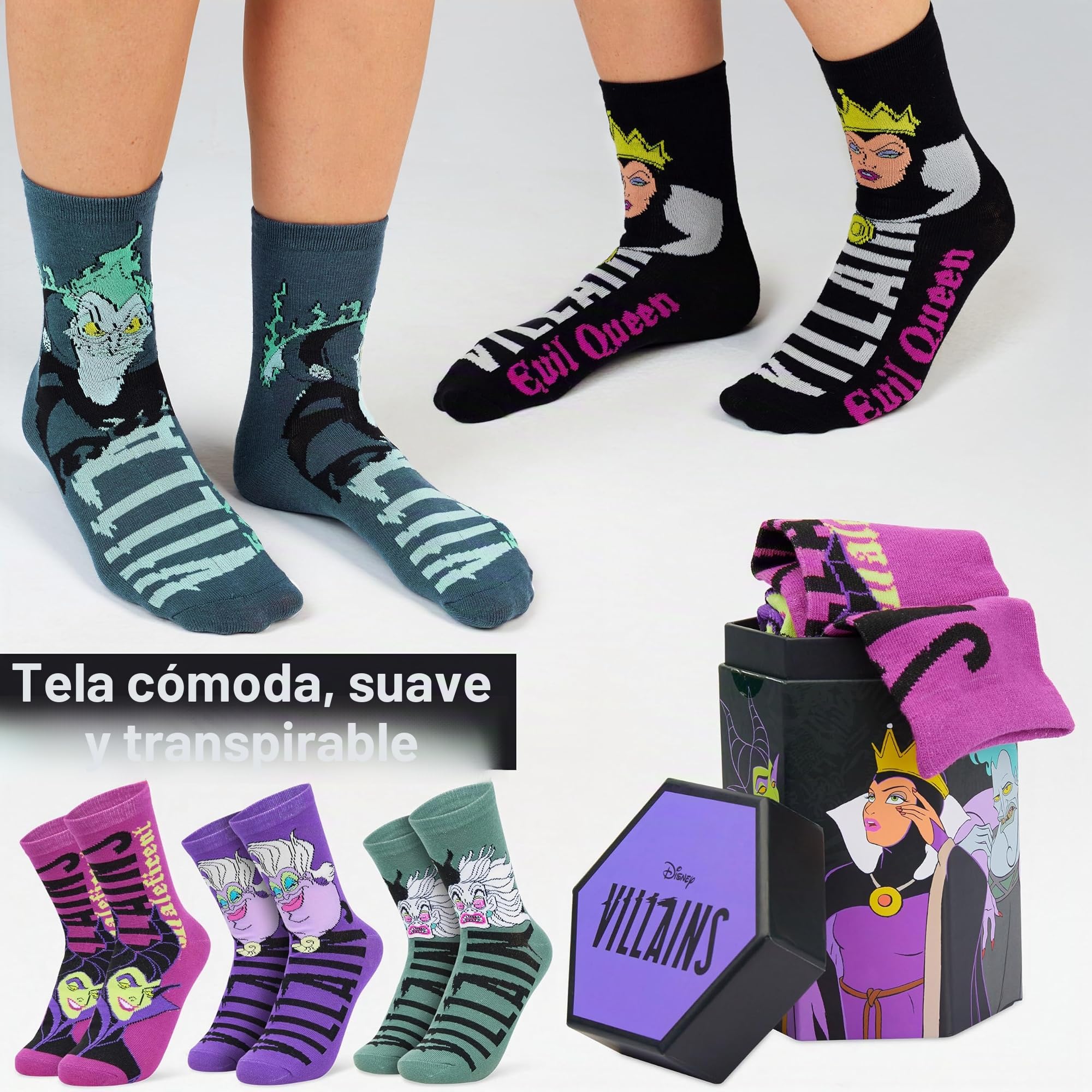 Disney Calcetines Mujer, Pack de 5 Calcetines Divertidos, Stitch, Minnie Mouse, Villanos o Jack y Sally, Regalos Originales