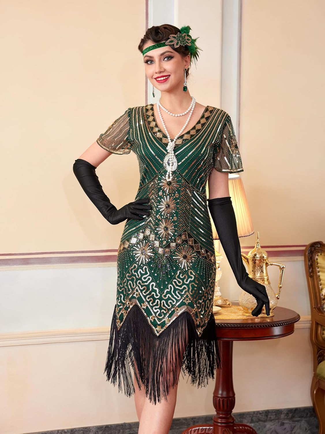 1920s Flapper Dresses for Women, Great Gatsby Dresses Roaring 20s, Sheer Beaded Sleeves Costume with 20s accessories - Image 6