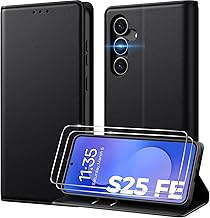 Peakally Samsung Galaxy S25 FE Cover[With Protective Glass] [High Quality PU Leather] [RFID Blocking] [Card Slots] [Kickstand] Flip Case with Galaxy S25 FE - Black
