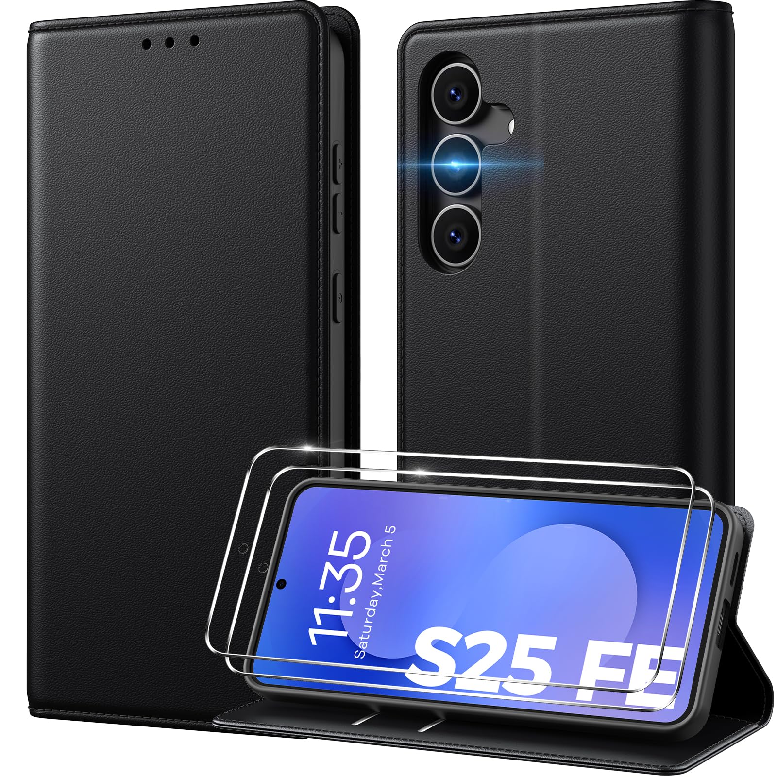Peakally Handyhülle für Samsung Galaxy S25 FE Hülle Mit 2 Panzer Schutz Glas, Premium PU Lederhülle mit Kartenfach RFID-Blockierung Standfunktion Klapphülle für Samsung S25 FE, Schwarz