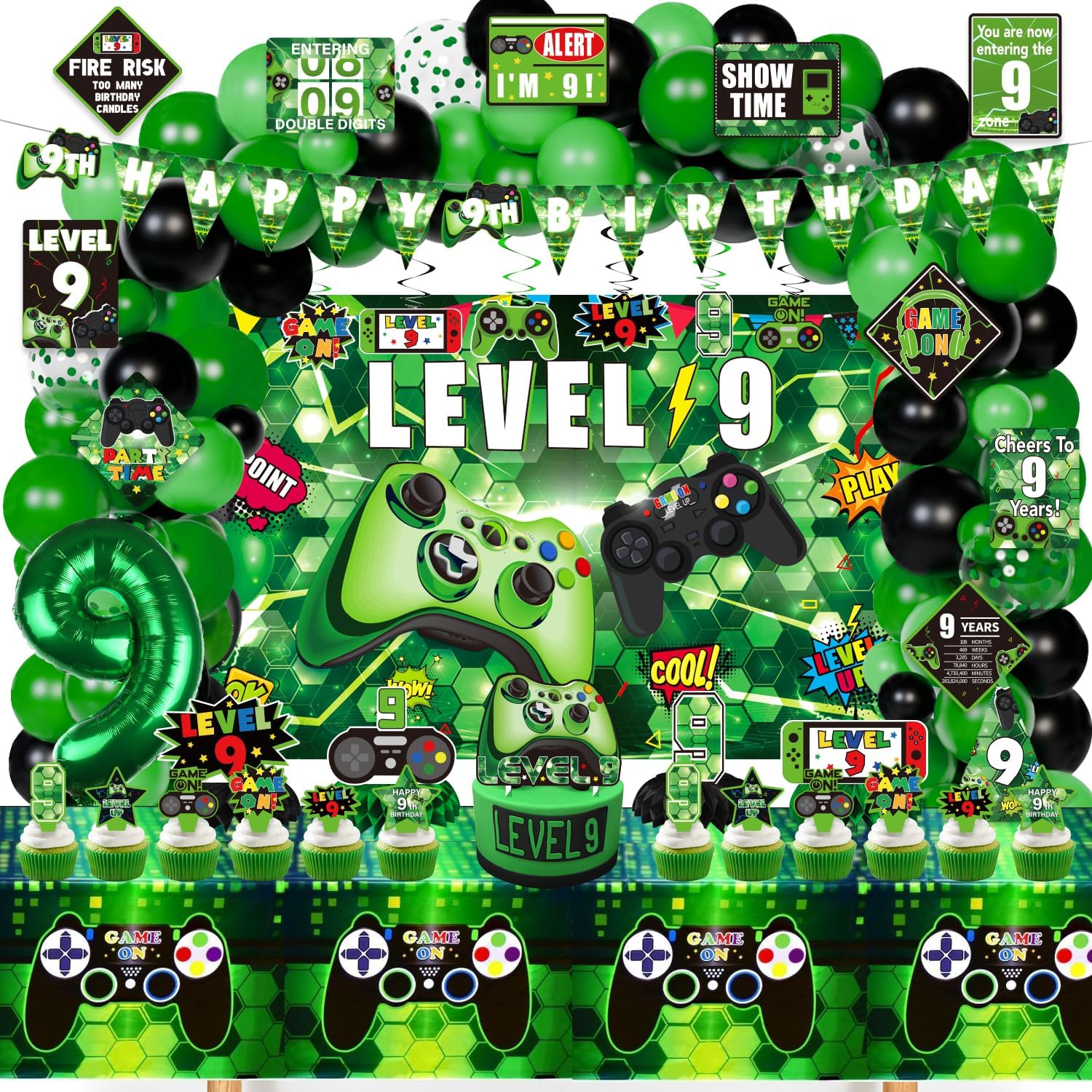 KOTLMIGHT 9th Birthday Decorations for Boys, 148Pcs Green Video Game level 9 Party Supplies for Boy 9th Birthday - Backdrop, Banner, Balloons, Tablecloth, Centerpieces, Hanging Swirl, Hat, Wall Signs