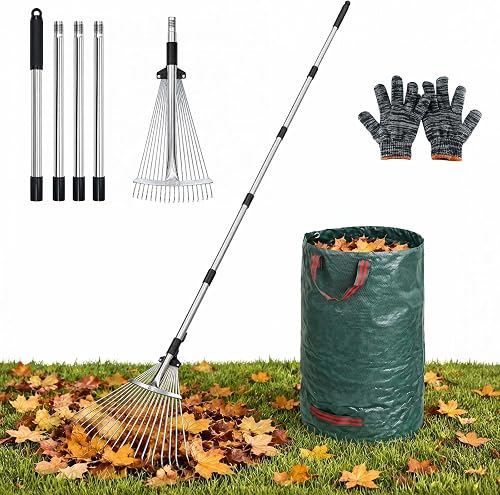 Rake for Leaves 18 Teeth, 8-17" Adjustable Width Metal Rake