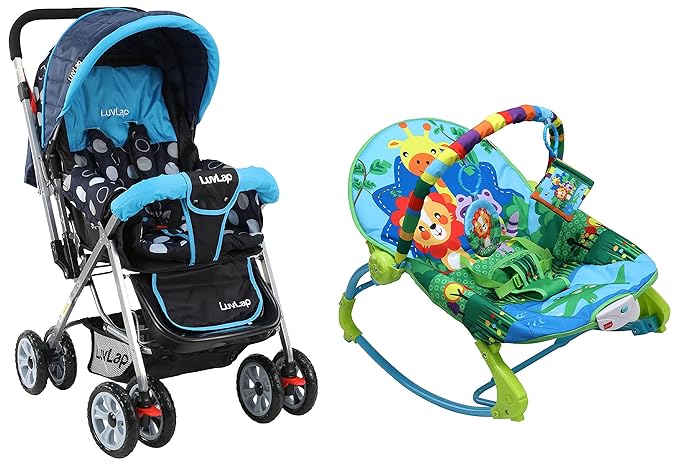 Sunshine Stroller/Pram, Easy Fold, for Newborn Baby/Kids, 0-3 Years (Sky Blue) & Luvlap Jungle Tales Newborn to Toddler Portable Rocker Cum Bouncer (Multicolour)