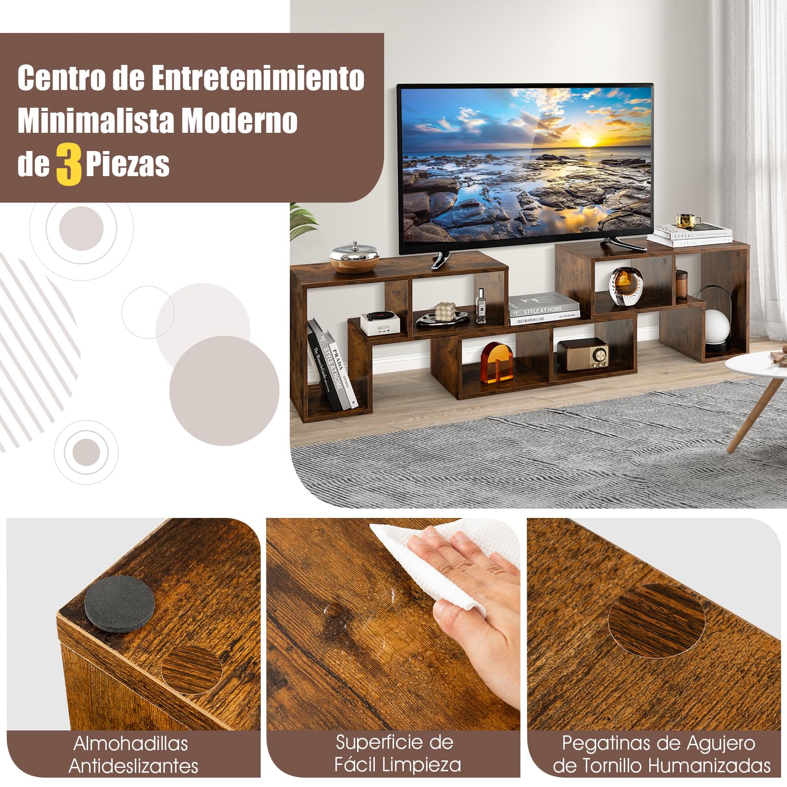 COSTWAY Consola de TV de 3 Piezas,Moderno Centro de Entretenimiento para Televisores 50-65 Pulgadas, Combinación de Librería para Almacenamiento y Exposición, Salón, Dormitorio y Estudio (marrón)