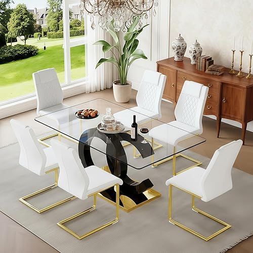 Miniatura 8 de Juego de mesa de comedor de cristal para 6, parte superior de vidrio templado de 63 pulgadas con patas brillantes en forma de OC y base de acero