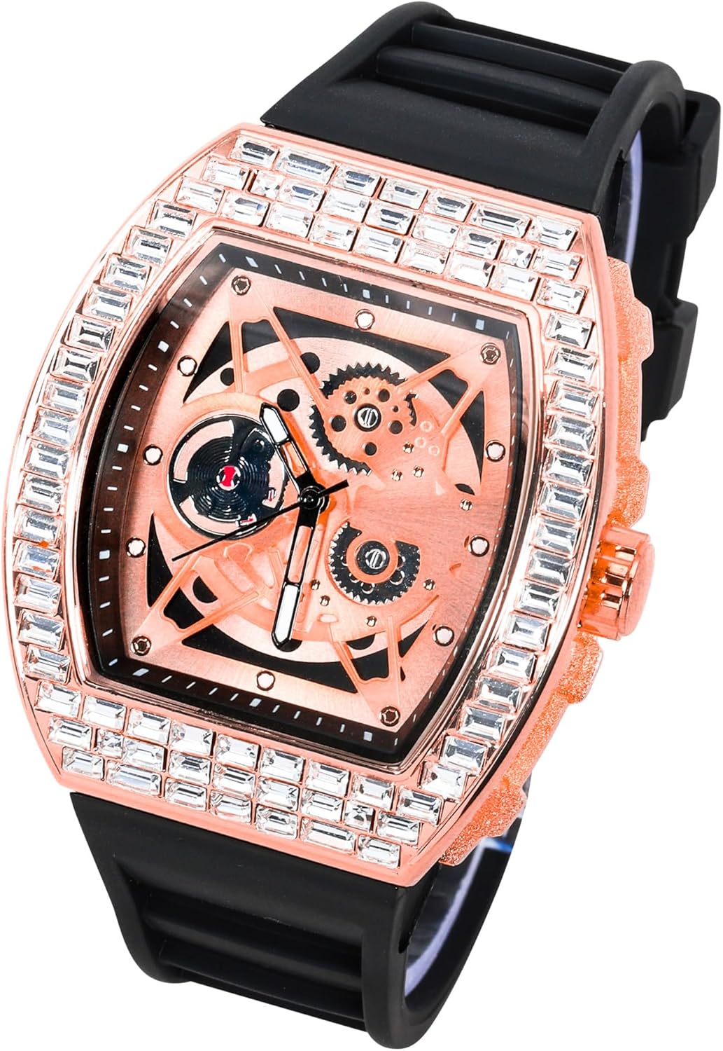 Techno Pave Men's 40mm Iced Out Tonneau Shape Silicone Band Watch