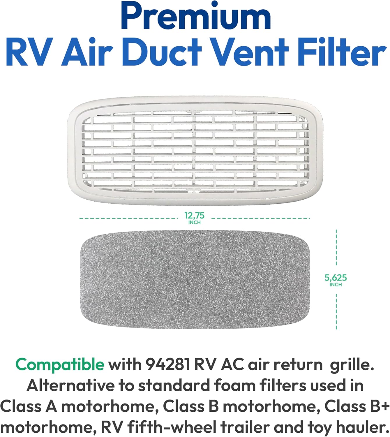 Premium RV AC Return Air Vent Filters - 12.75″x 5.625″ Ducted Filters Replacement for Jayco, Entegra, Montana - Intake Air Vent Filter for Camper, Motorhome, Travel Trailer, Fifth Wheel (2 Filters)