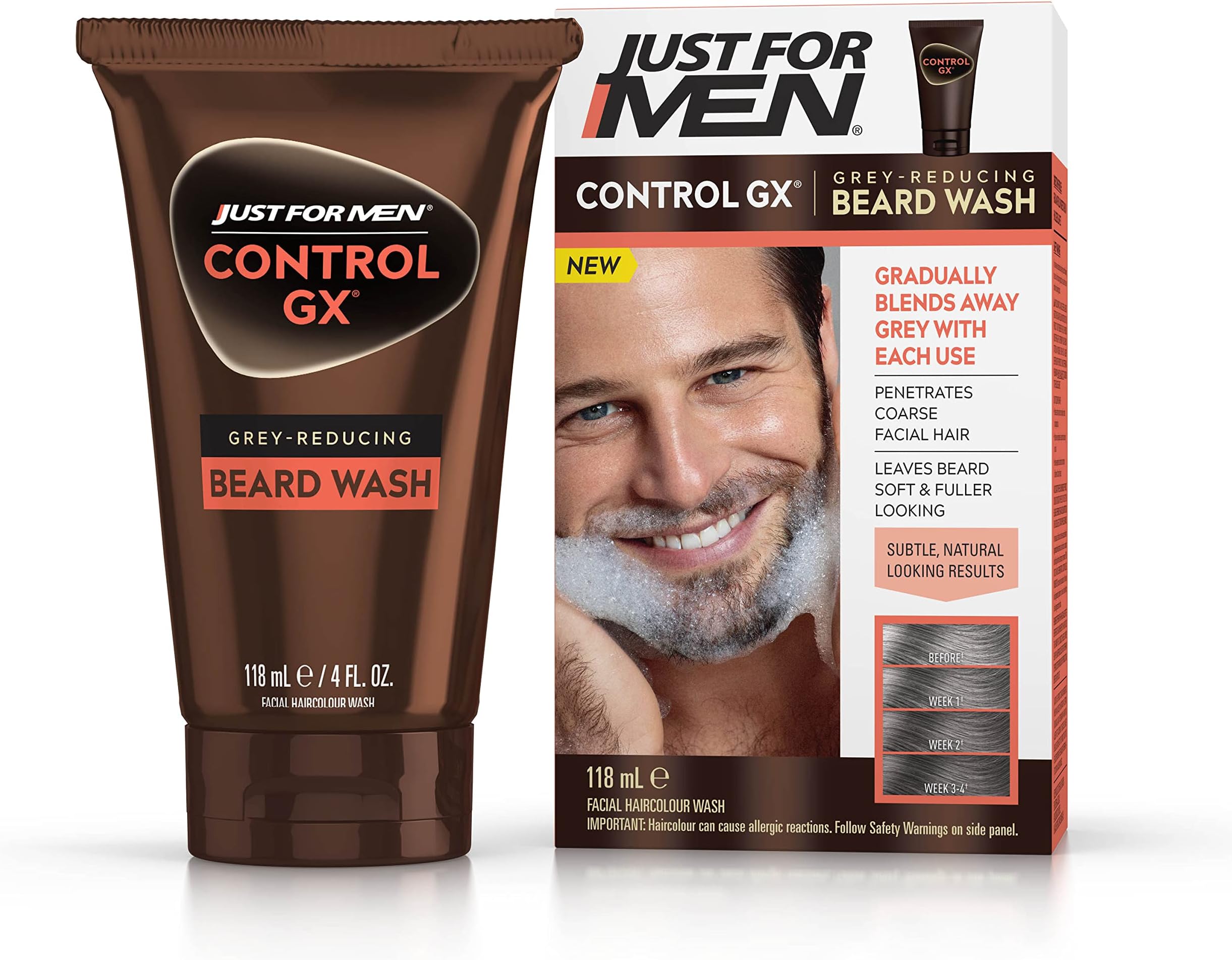 Just For Men Control GX Beard Wash, Reduces Grey With Each Wash For Subtle, Natural-Looking Results – All Shades, 118 ml
