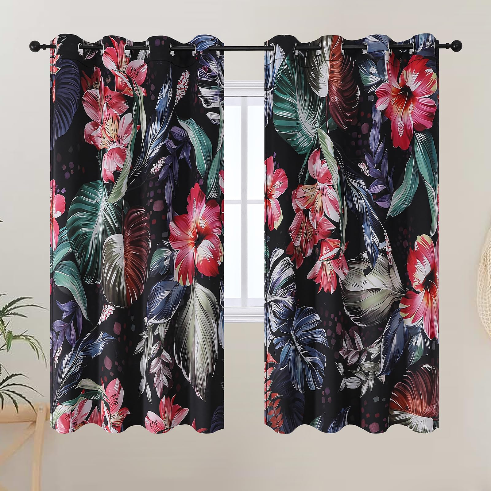VEHEDE Boho Floral Curtains, Vintage Black Colorful Printed Living Room Darkening Curtain for Bedroom, 63 inch Long Red Flowers Green Leaf Eyelet Thermal Insulated Drapes 2 Panels W52 X L63 Inch โ image 1