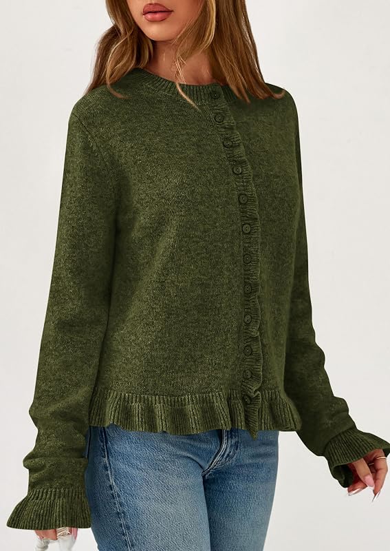 PRETTYGARDEN Womens Ruffle Button Down Cardigan Sweaters Army Green – Army Green color