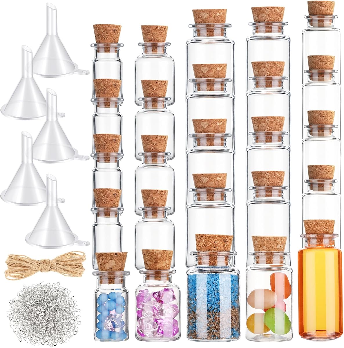 Bokon 25 Pack Mini Plastic Bottles with Corks Stoppers Eye Screws Funnels Small Potion Bottles Tiny Clear Sand Art Jar Wishing Vial for Birthday Party DIY Crafts Gift