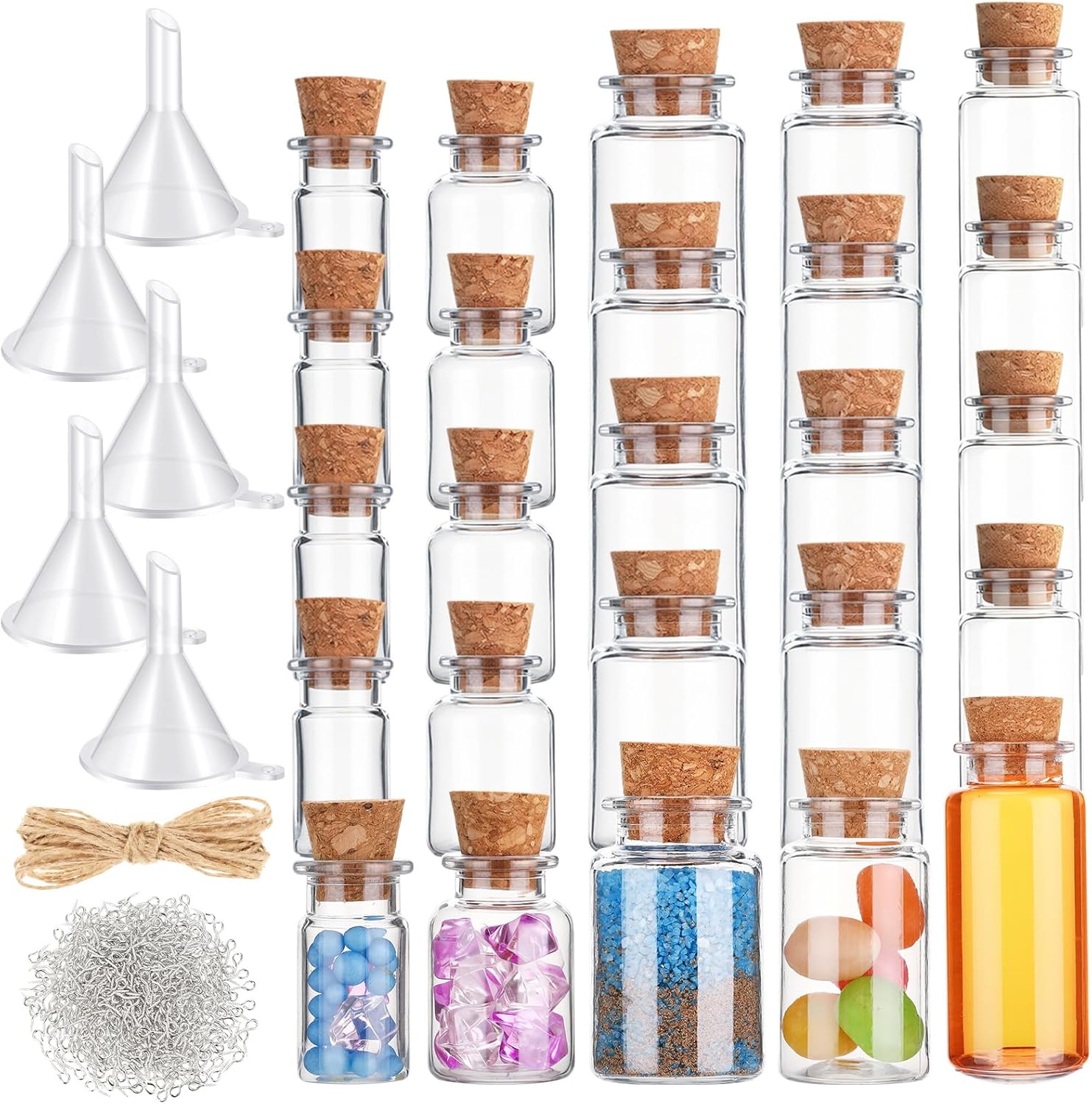 Bokon Mini Plastic Bottles with Corks Stoppers Eye Screws Funnels Small Potion Bottles Tiny Clear Sand Art Jar Wishing Vial for Birthday Party DIY Crafts Gift (25 Pack)