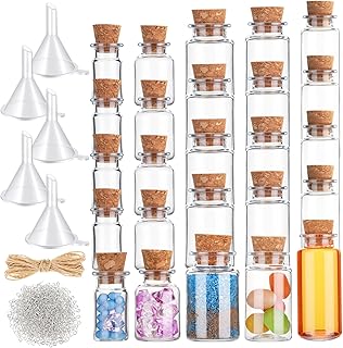 Bokon 25 Pack Mini Plastic Bottles with Corks Stoppers Eye Screws Funnels Small Potion Bottles Tiny Clear Sand Art Jar Wishing Vial for Birthday Party DIY Crafts Gift (5 Sizes)
