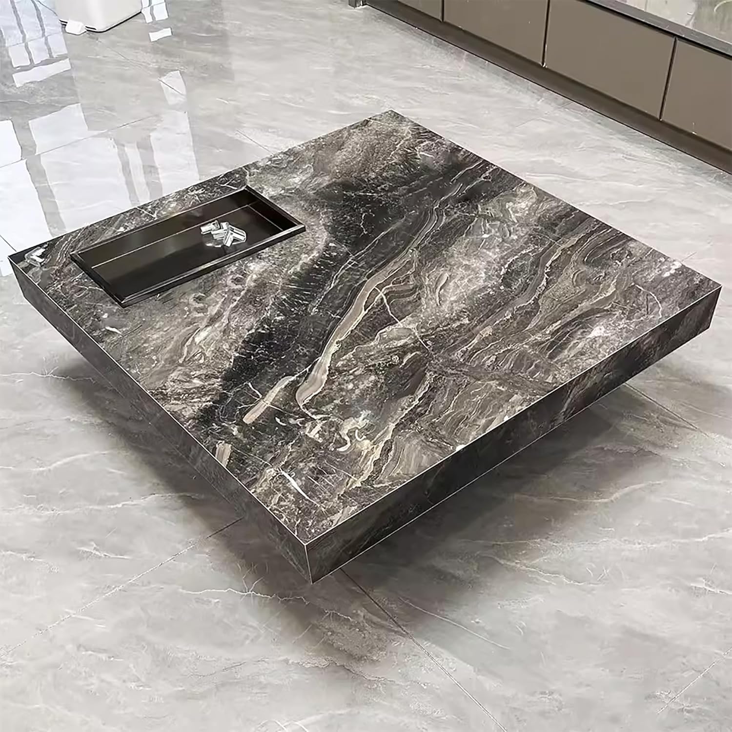 Modern Coffee Table for Living Room, 43.31" Large Square Living Room Table Sintered Stone Tabletop with Gold Stainless Steel Legs, Center Table for Home Office
