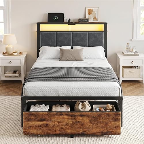 Twin Size Bed Frame with 2 Storage Drawers and Upholstered Headboard