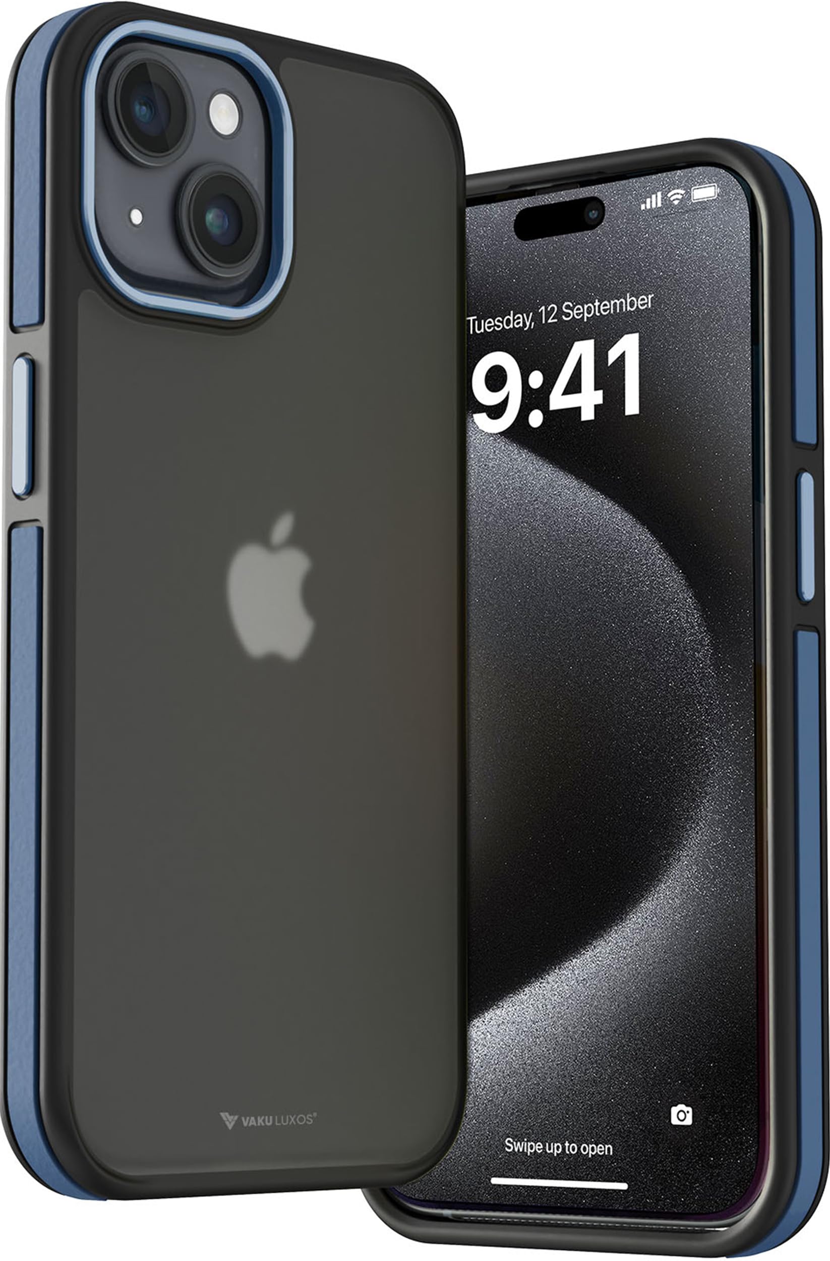 Vaku LuxosElemento Series Back Cover Case for iPhone 15 Plus Metal Frame Camera Bump Shockproof Scratch Resistant Slim Thin Military-Grade Protection- Blue