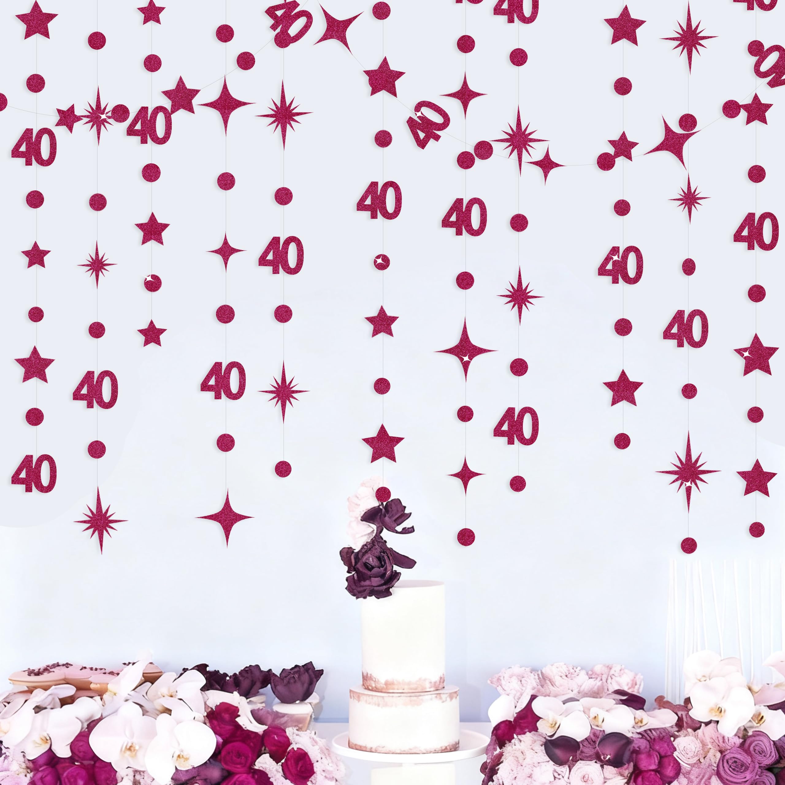 Burgundy 40th Birthday Decorations Number 40 Circle Dot Star Garland Glitter Streamer Banner Backdrop for Women Men Forty Fabulous Cheers to 40 Years Old Birthday 40th Anniversary Party Supplies
